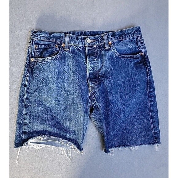 Levis 501 Jorts Shorts Mens 34 32x7 Cutoffs Button Fly Blue Mid Rise Distressed - Picture 1 of 12